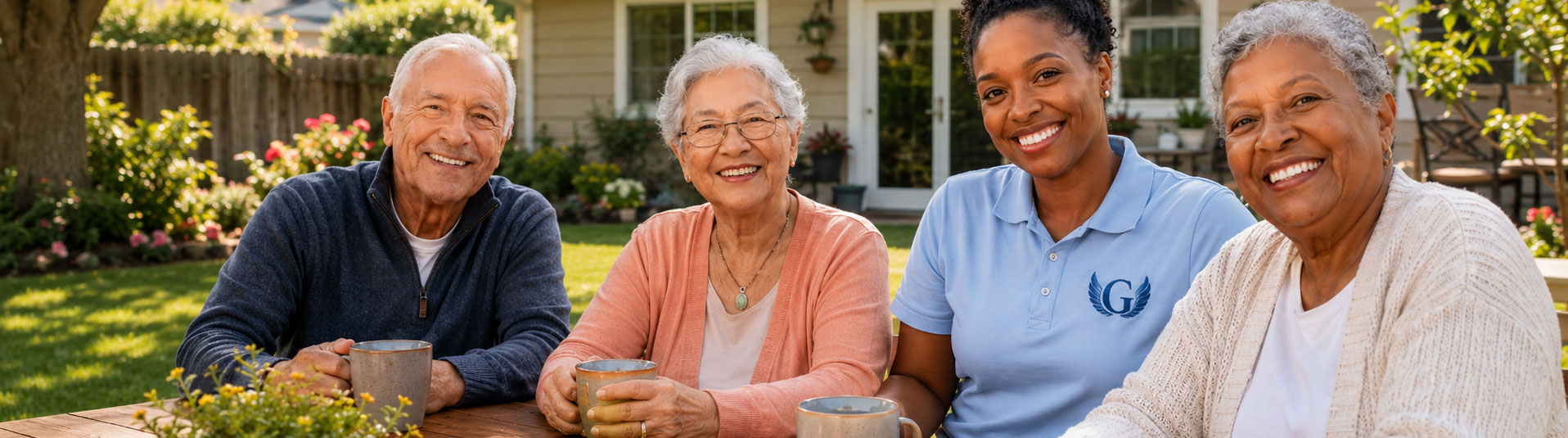 An African American caregiver in a light blue Genesis Residential Living polo sits with three diverse elderly residents at a picnic table in the backyard of a Milwaukee-area Adult Family Home